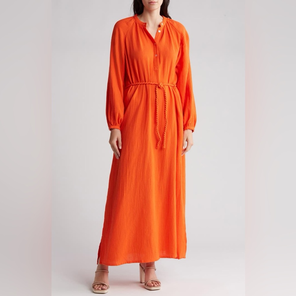 FRNCH ANITA LONG SLEEVE DRESS IN ORANGE, LARGE; 100% Cotton; light gauzy dress